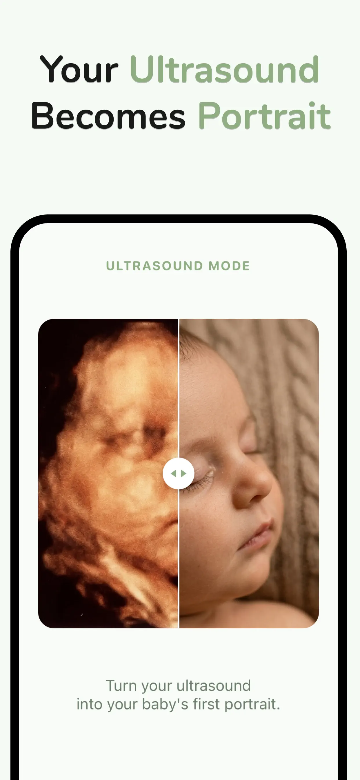 Before and after slider showing 3D ultrasound transformed into realistic newborn portrait