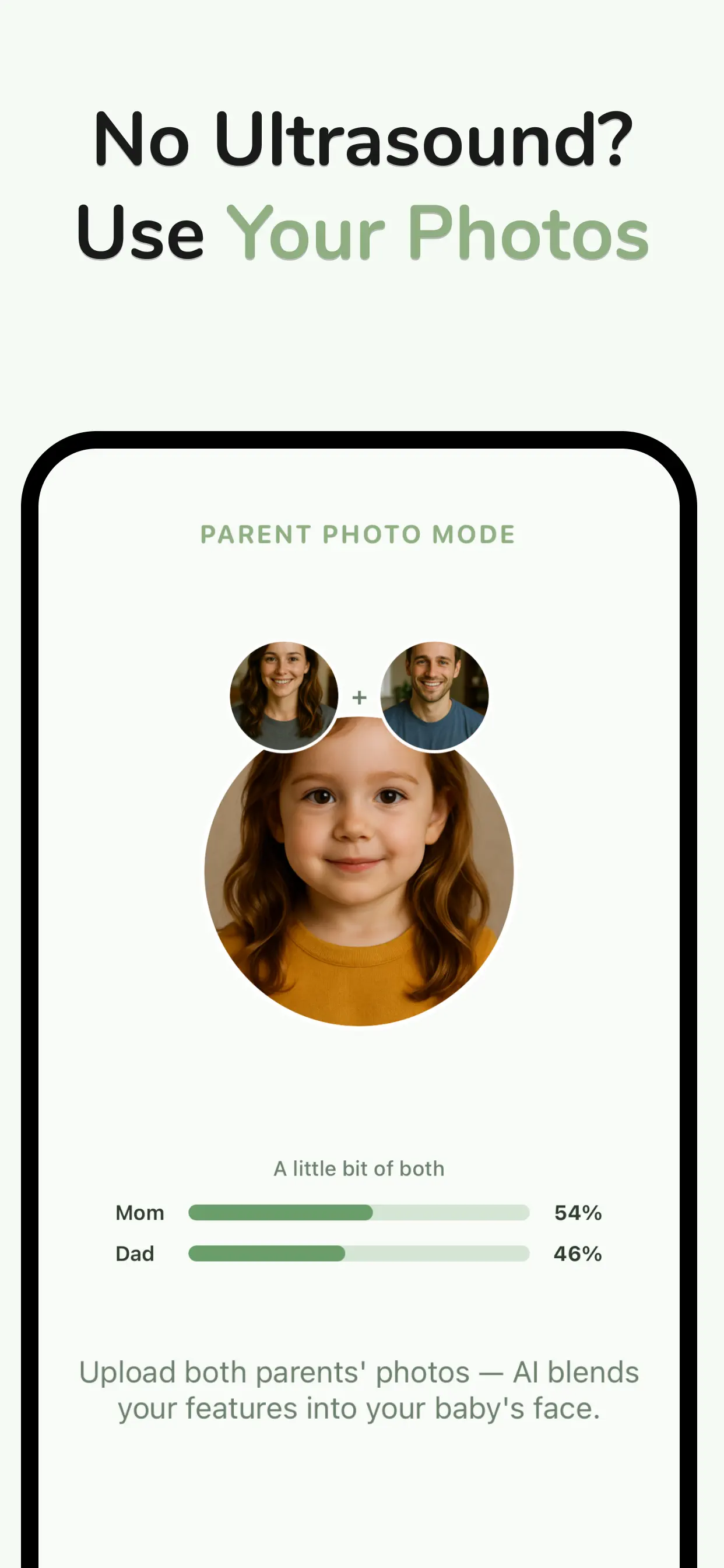 Baby face generator from parents' photos with Mom 54% Dad 46% resemblance breakdown