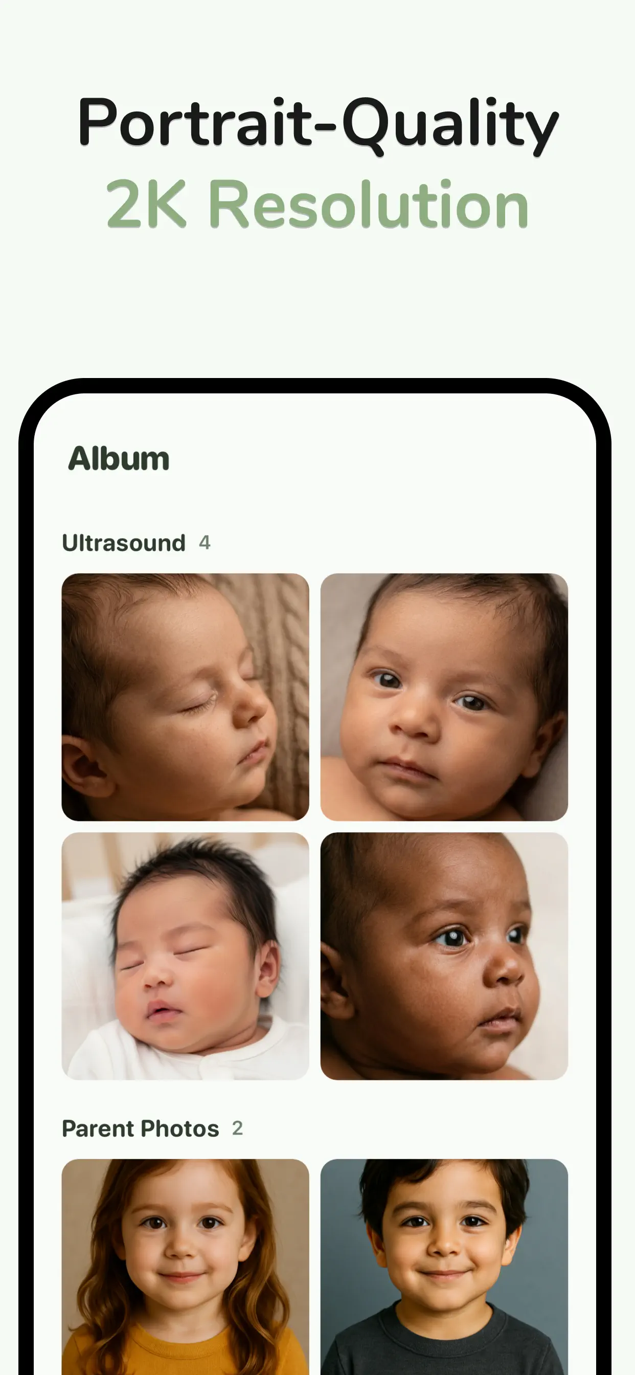 Album of AI-generated 2K baby portraits from ultrasounds and parent photos
