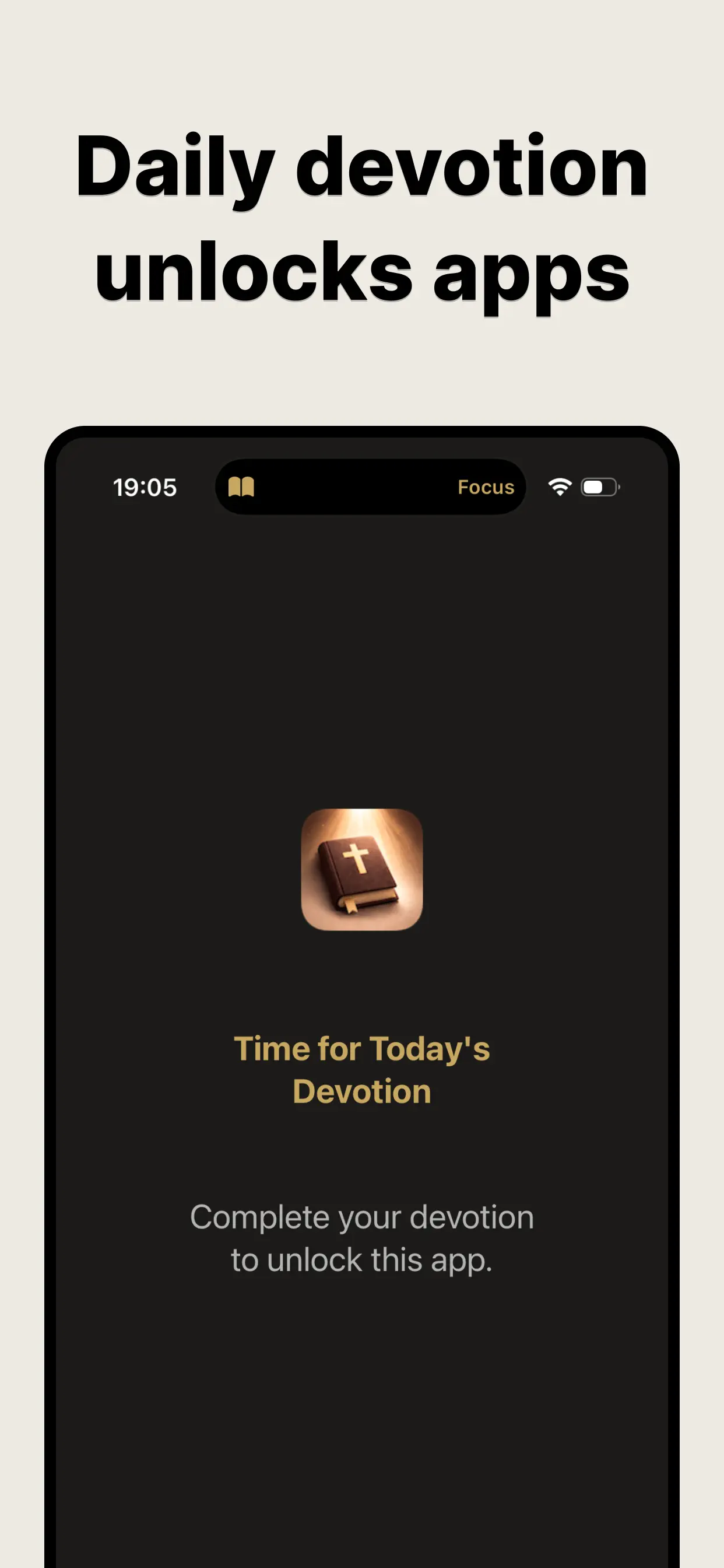 Bible Focus blocking a distracting app — complete your devotion to unlock this app