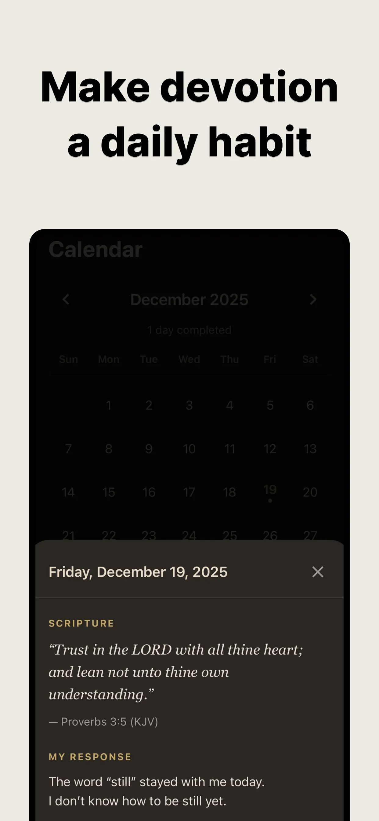 Devotion calendar tracking a daily Bible reading habit in Bible Focus