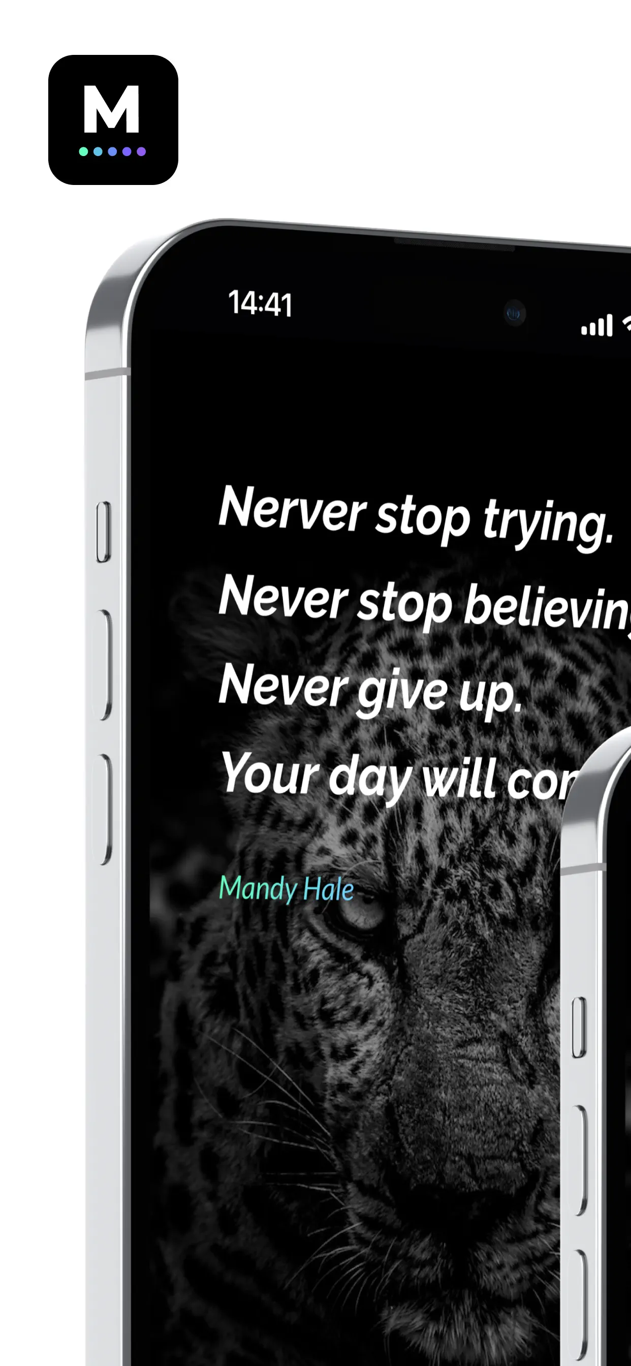 MOTIVE app showing a daily motivational quote — Never stop trying, never give up