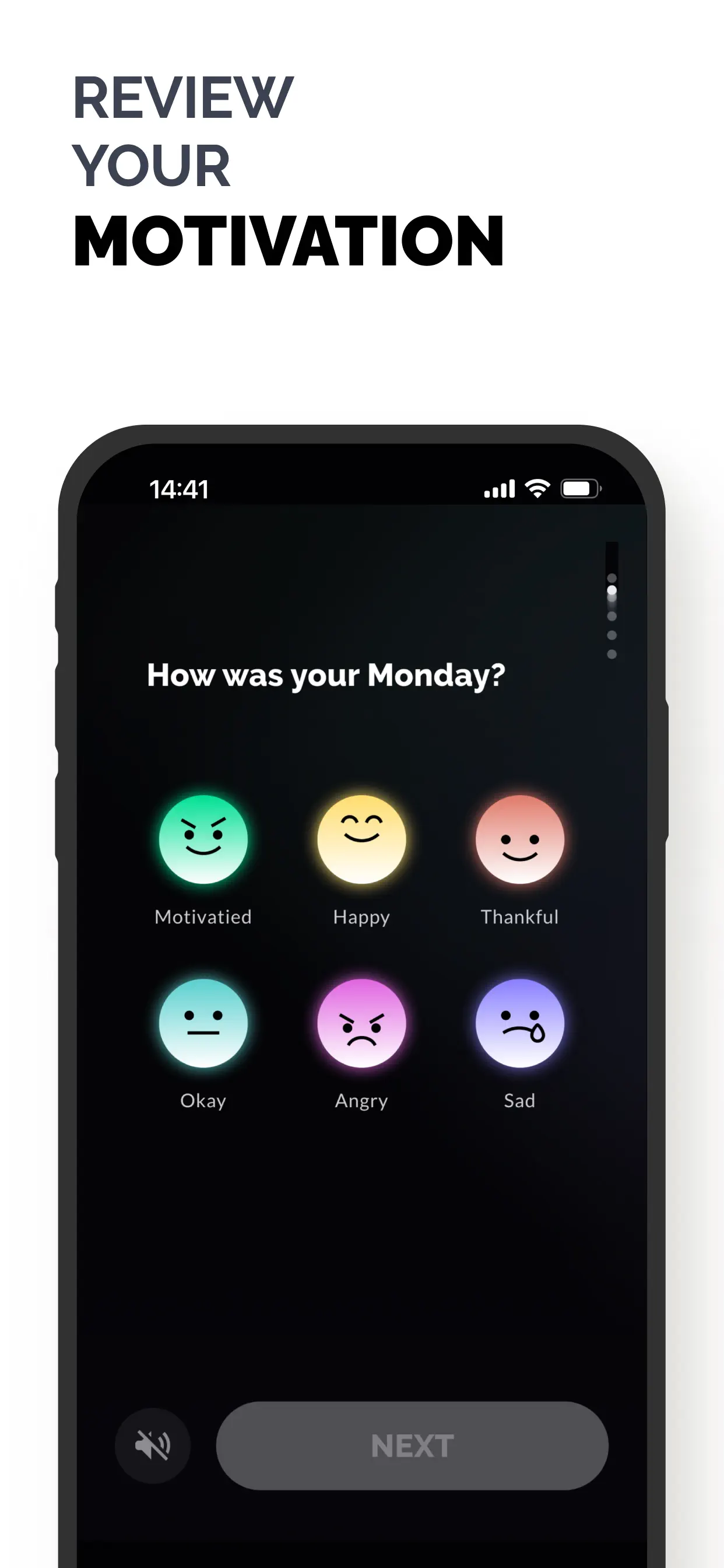 Night Review mood check — review your motivation each evening in MOTIVE