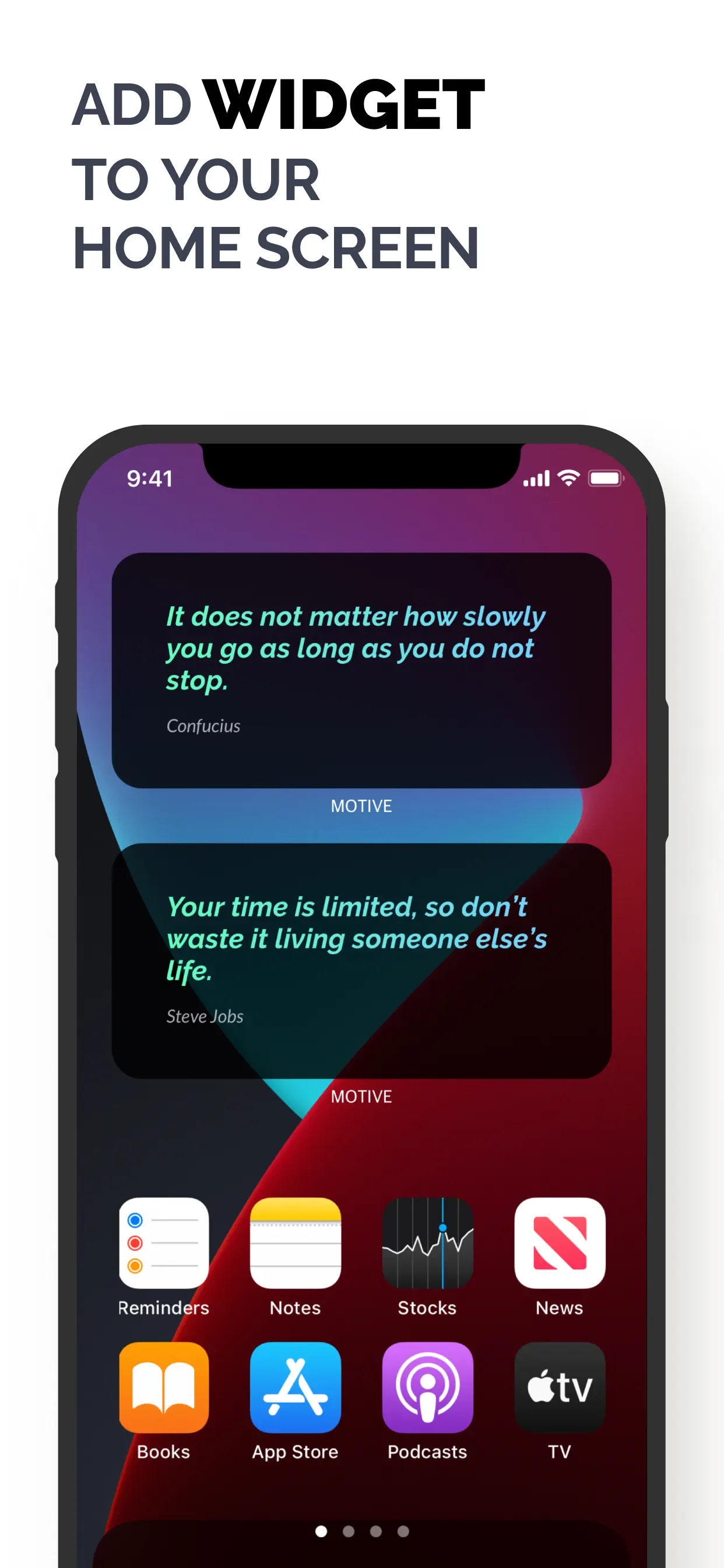 Motivational quotes widget on iPhone home screen from the MOTIVE app